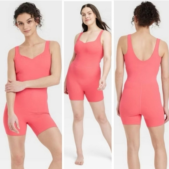 all in motion Pants - All In Motion Brushed & Sculpted Rib Sports Short Bodysuit, Size S coral color.